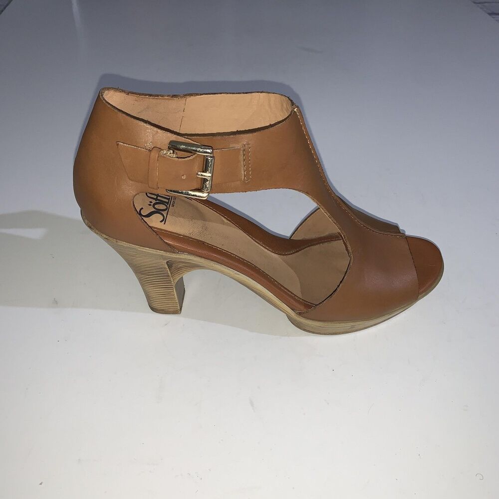 Sofft Heels Womens Size 9.5 Brown Leather Peep Toe T Strap Sandals Shoes - Picture 2 of 8